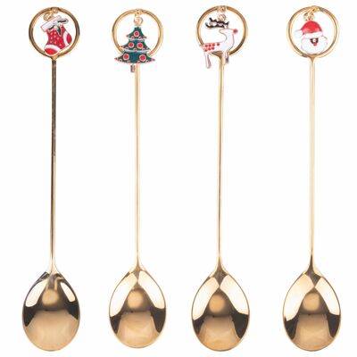 Set of 4 gold Christmas spoons with pendant, Xmas