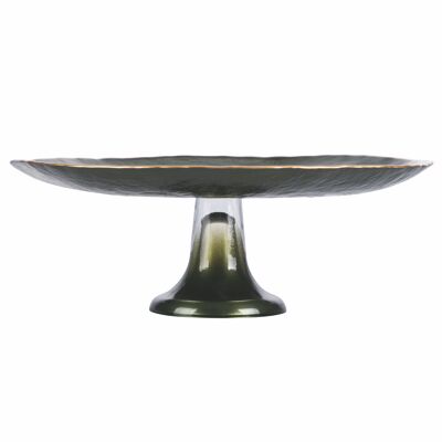 Présentoir à gâteaux en verre vert Ø28xh.12 cm, bord irrégulier doré, Vert Dune