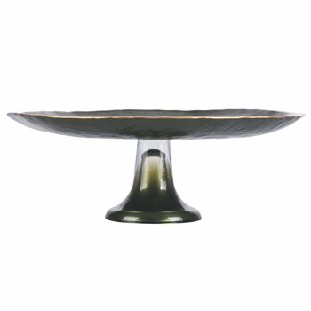 Présentoir à gâteaux en verre vert Ø28xh.12 cm, bord irrégulier doré, Vert Dune 1