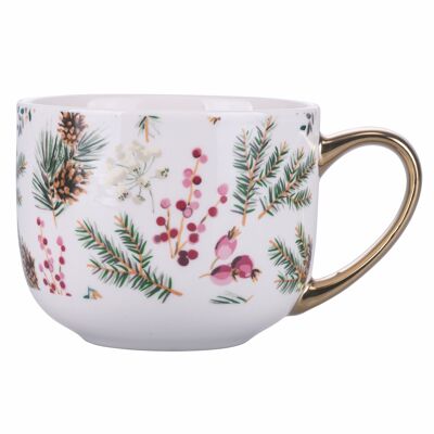 Christmas mug 470 ml, pine needles, berries and pine cones decoration, comfortable golden handle, in new bone China, Holly