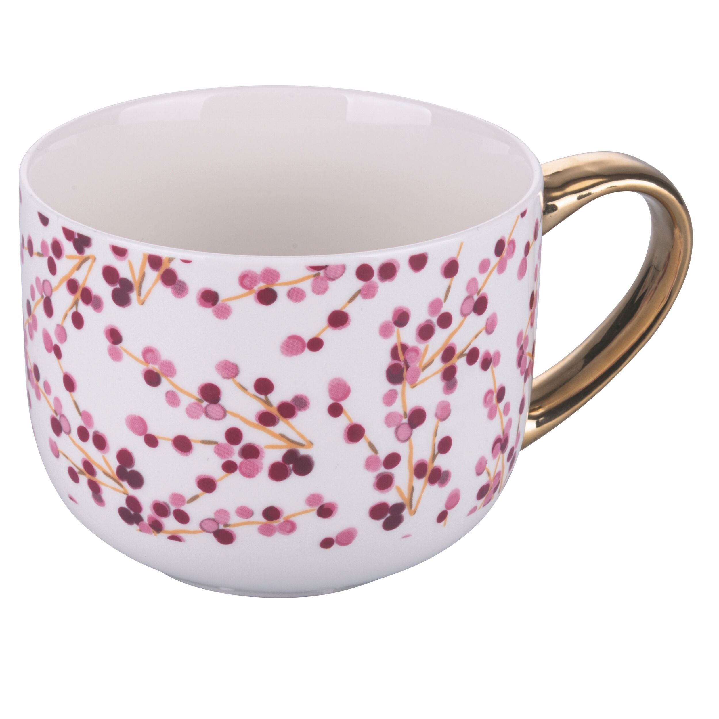Weihnachtsbecher 470 ml, Beerendekor und bequemer goldener Henkel, aus neuem Bone China, Holly