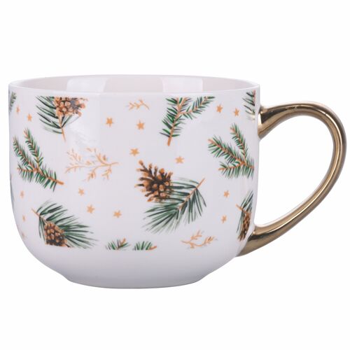 Tazza natalizia 470 ml, decoro aghi di pino e pigne, comoda impugnatura dorata, in new bone China, Holly