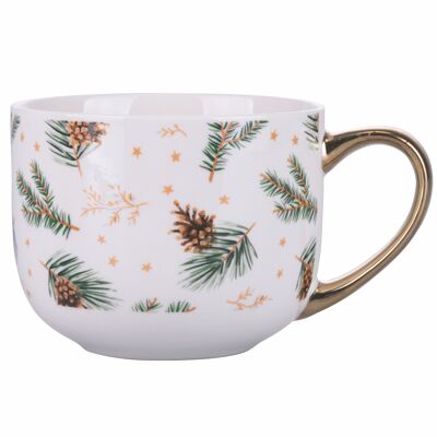 Mug de Noël 470 ml, décoration aiguilles de pin et pommes de pin, poignée dorée confortable, en porcelaine tendre, Houx