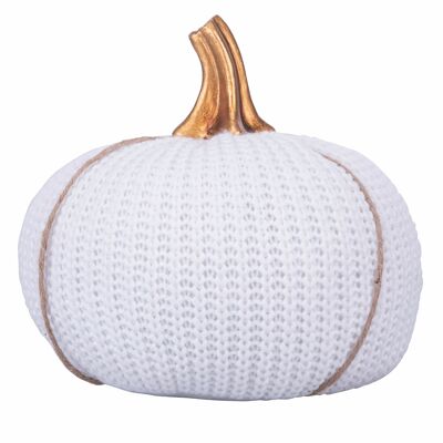 Calabaza decorativa blanca en tejido efecto hilo de lana, tallo dorado, Ø18 x h. 21cm