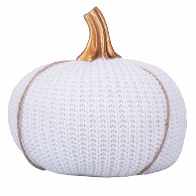 White decorative pumpkin in wool thread effect fabric, gold stem, Ø18 x h. 21cm