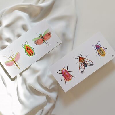 Carte d'art illustrée "Little world " - Portraits trio d'insectes rose