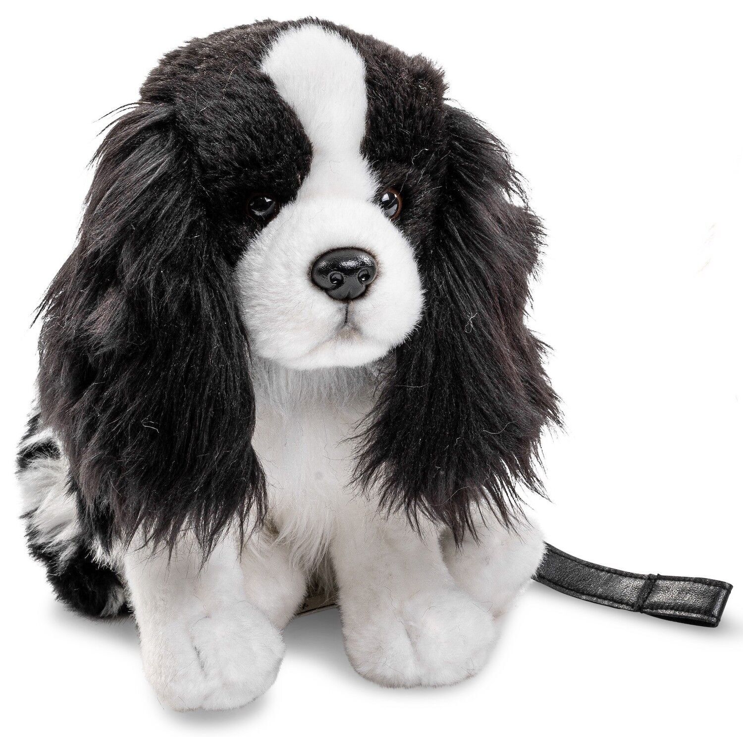 Cocker Spaniel, sentado (con correa) - blanco y negro - 23 cm (altura) - Palabras clave: perro, mascota, peluche, peluche, peluche, peluche