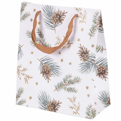 Christmas glitter paper gift bag with fabric handles 22x10x26 cm, Holly