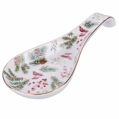 Christmas spoon rest in new bone China, decoration of pine needles, berries and pine cones, golden edge, Holly