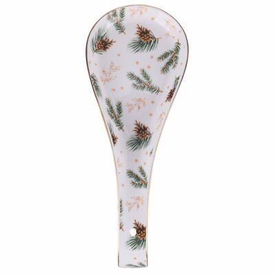 Christmas spoon rest in new bone China, decoration of pine needles and pine cones, golden edge, Holly