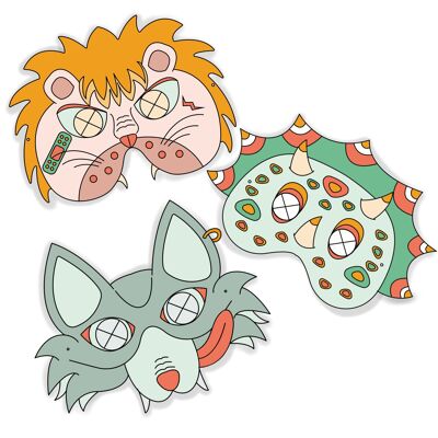 Fierce Pack: 3 Infinity Colorable Masks for Children - Wolf, Lion and Dinosaur