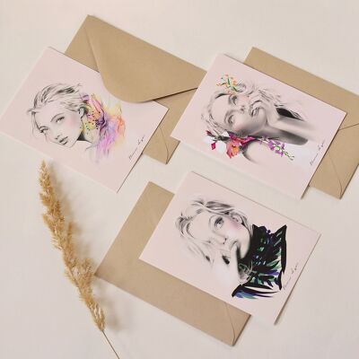 Set de 3 postales A6 - Colección “Mujeres y Flores”