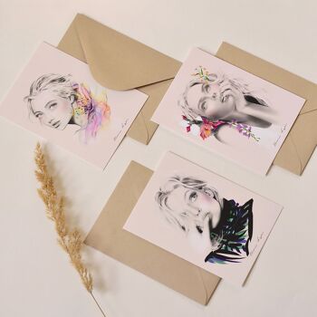 Set de 3 Cartes postales A6 - collection "Femmes & Fleurs" 1