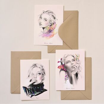 Set de 3 Cartes postales A6 - collection "Femmes & Fleurs" 2