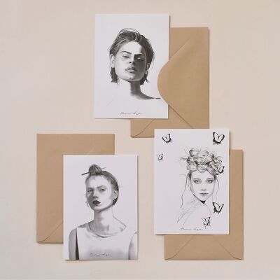 Set di 3 cartoline A6 - Collezione “Donne in Bianco e Nero”.