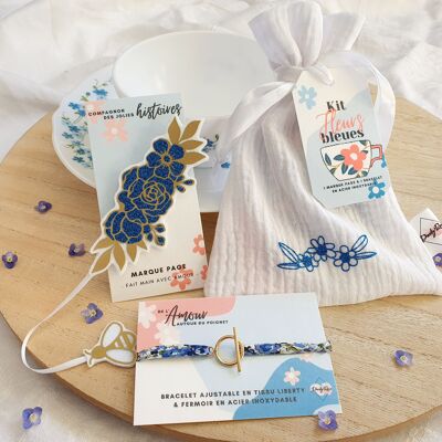 Kit Flores Azules - Marcapáginas, Pulsera y Estuche