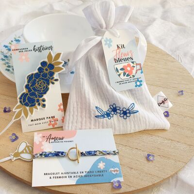 Kit Fleurs Bleues - Marque-pages, Bracelet et Pochon