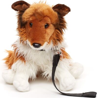 Long-haired collie, sitting (with leash) - brown face - 27 cm (height) - Keywords: dog, pet, plush, plush toy, stuffed animal, cuddly toy