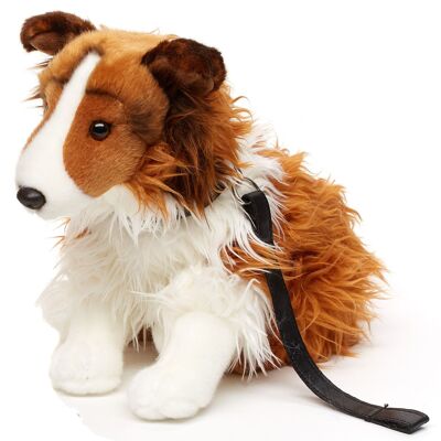 Long-haired collie, sitting (with leash) - face white-brown - 27 cm (height) - Keywords: dog, pet, plush, plush toy, stuffed animal, cuddly toy