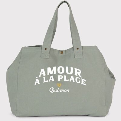 Large sage green tote bag Love at the beach - Customizable
