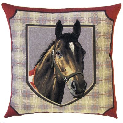 housse de coussin tartan cheval marron