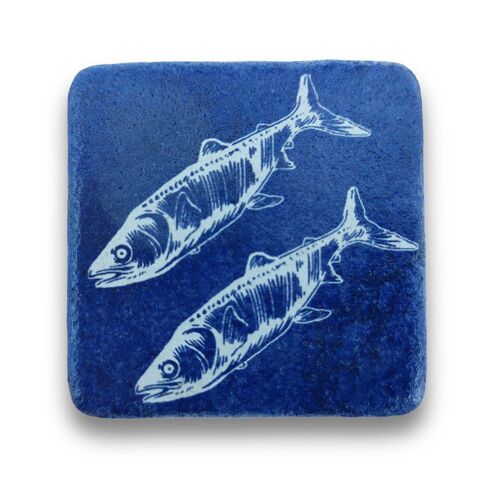 Magnet Minifliese Blaudruck Fische blau