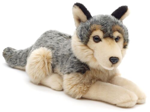 Grauwolf, liegend - 30 cm (Länge) - Keywords: Waldtier, Wolf, Plüsch, Plüschtier, Stofftier, Kuscheltier
