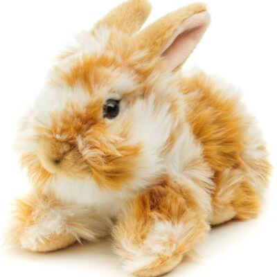 Conejo cabeza de león, acostado (moteado blanco dorado) - Con orejas levantadas - 23 cm (largo) - Palabras clave: animal del bosque, liebre, conejo, peluche, peluche, peluche, peluche