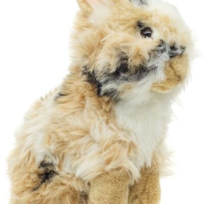 Conejo cabeza de león, de pie (negro, marrón y blanco manchado) - con orejas levantadas - 23 cm (altura) - Palabras clave: animal del bosque, liebre, conejo, peluche, peluche, peluche, peluche