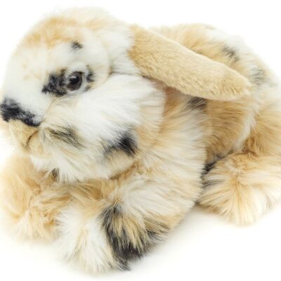 Lionhead rabbit, lying (black-brown-white spotted) - With hanging ears - 23 cm (length) - Keywords: forest animal, hare, rabbit, plush, plush toy, stuffed animal, cuddly toy