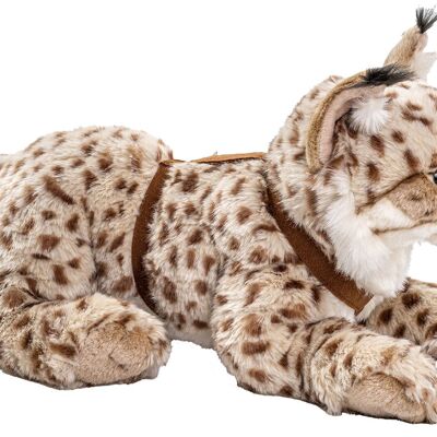Lynx, lying (with harness) - 46 cm (length) - Keywords: forest animal, wild cat, plush, plush toy, stuffed animal, cuddly toy