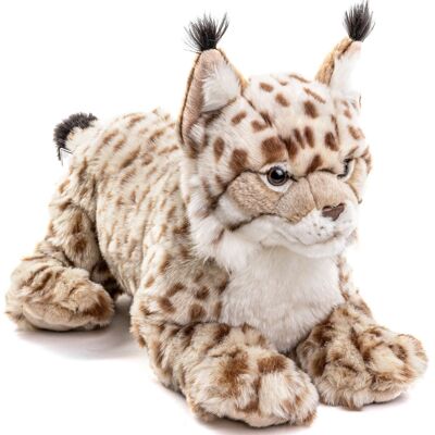 Lynx, lying (without harness) - 46 cm (length) - Keywords: forest animal, wild cat, plush, plush toy, stuffed animal, cuddly toy