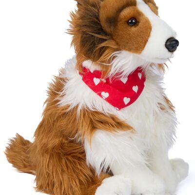 Colley à poil long m. Foulard (motif coeur) - hauteur 27 cm - Mots clés : animal de compagnie, chien, peluche, Saint Valentin, Fête des mères, peluche, peluche, peluche, doudou