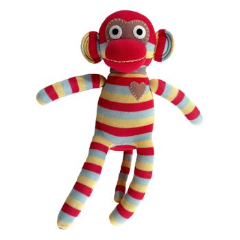 Doudou chaussette singe midi rayures rouge/jaune