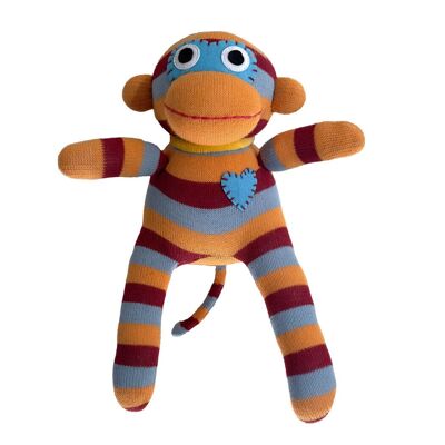 Cuddly toy sock monkey mini stripes orange/burgundy