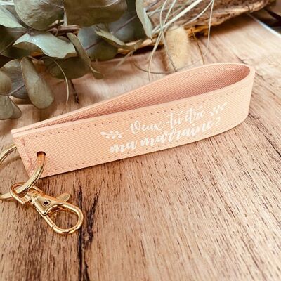 Pink imitation leather strap key ring - Will you be my godmother