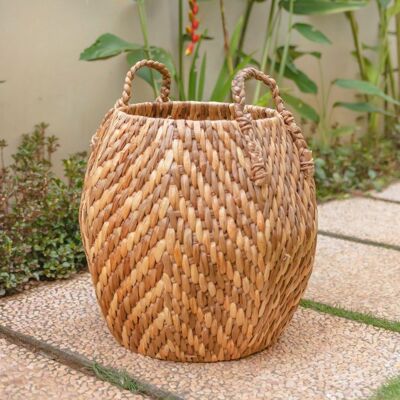 Large laundry basket, storage basket, decorative basket, round basket WAYAG made of braided water hyacinth with zigzag pattern beige & brown