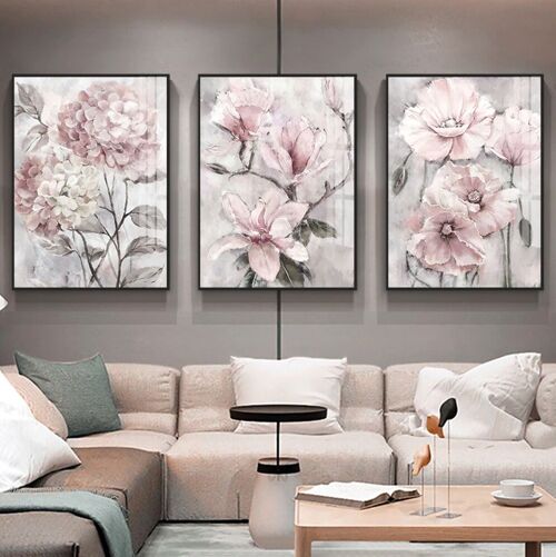 Ensemble de 3 affiches fleurs roses - Poster pour décoration d'intérieur