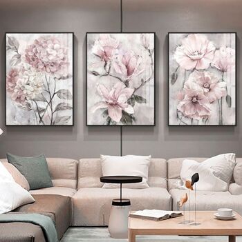 Ensemble de 3 affiches fleurs roses - Poster pour décoration d'intérieur 1