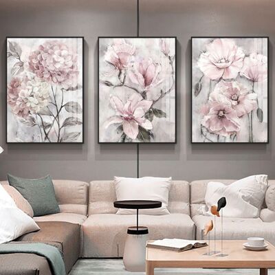 Ensemble de 3 affiches fleurs roses - Poster pour décoration d'intérieur
