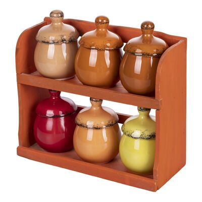 Set of 6 ceramic spice jars, wooden stand, Baita Sunset