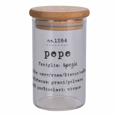 Pepper jar in borosilicate glass 200 ml, bamboo lid, Identikit