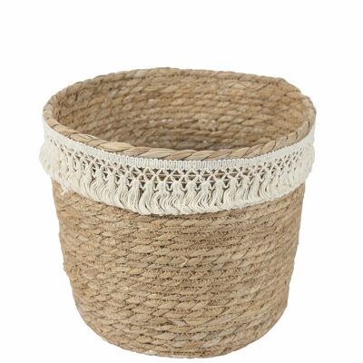 Multipurpose wicker basket, fabric border with tassels h. 23cm, Natural