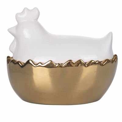 Medium Easter hen in porcelain egg holder, Gold