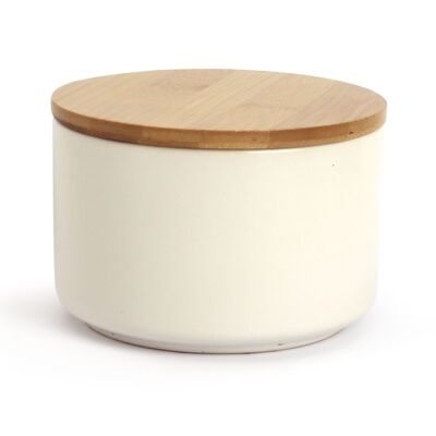 WHITE CERAMIC CANDLE POT + BAMBOO LID D10*H8.9 CM