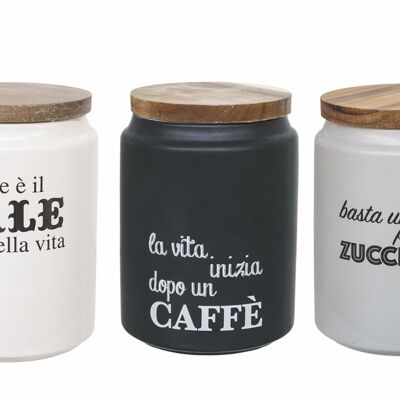 Lot de 3 pots à sel, sucre et café, grès 800 ml, couvercle en bois, Idées