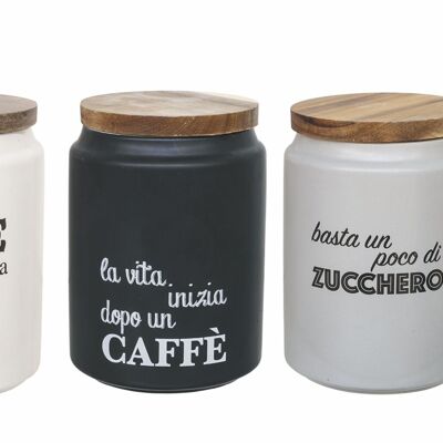 Set of 3 salt, sugar and coffee jars, 800 ml stoneware, wooden lid, Ideas