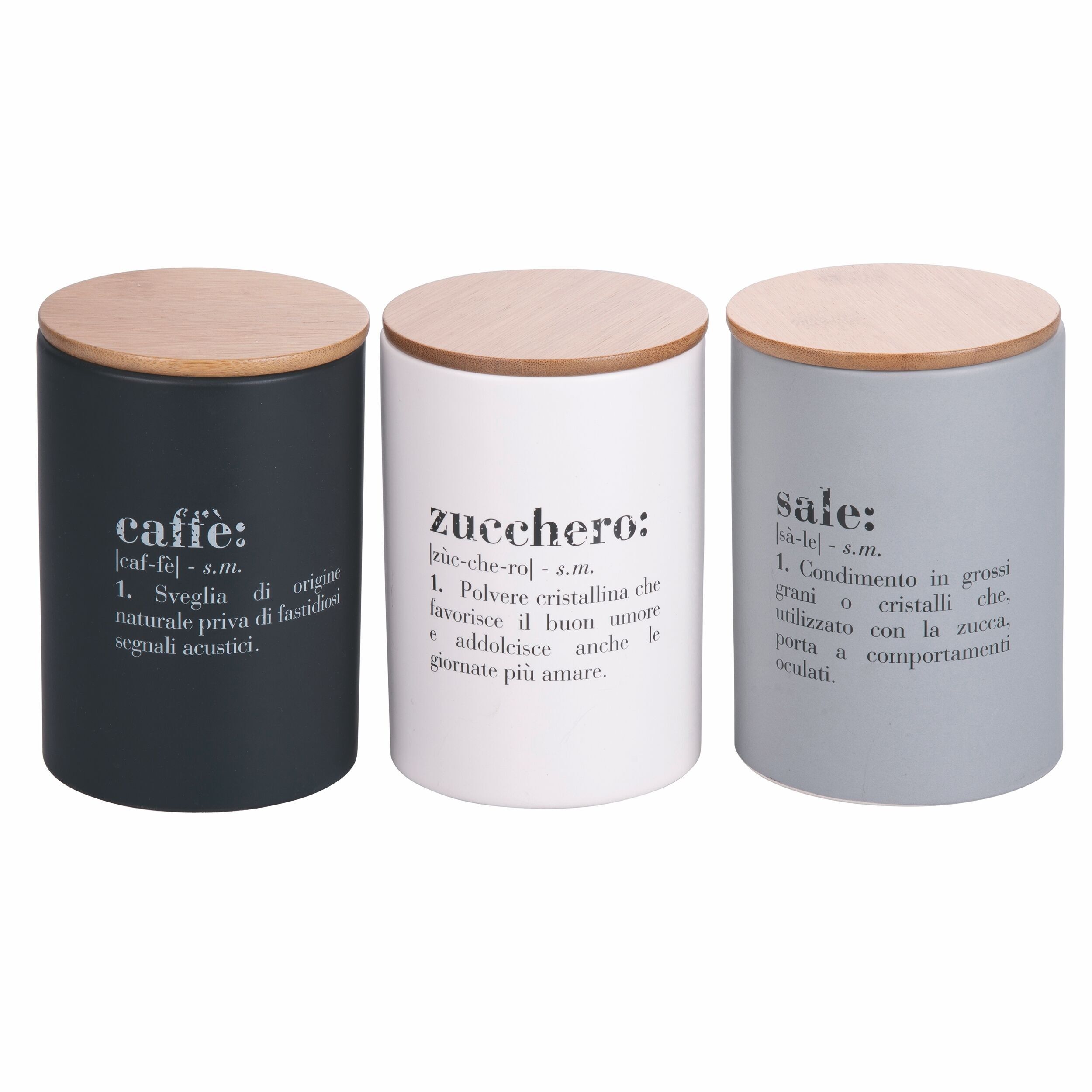 Set 3 barattoli caffè, zucchero e sale 750 ml in ceramica, coperchio in bambù, Victionary Light