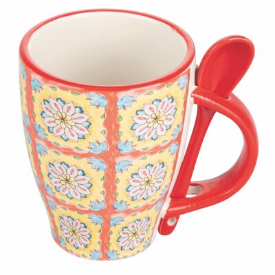 Ceramic mug 287 ml with spoon, Mediterranean decoration, Infinito Favignana