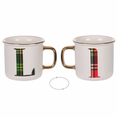 Becher 300 ml aus neuem Bone China, Schottenkaro, Monogramm L